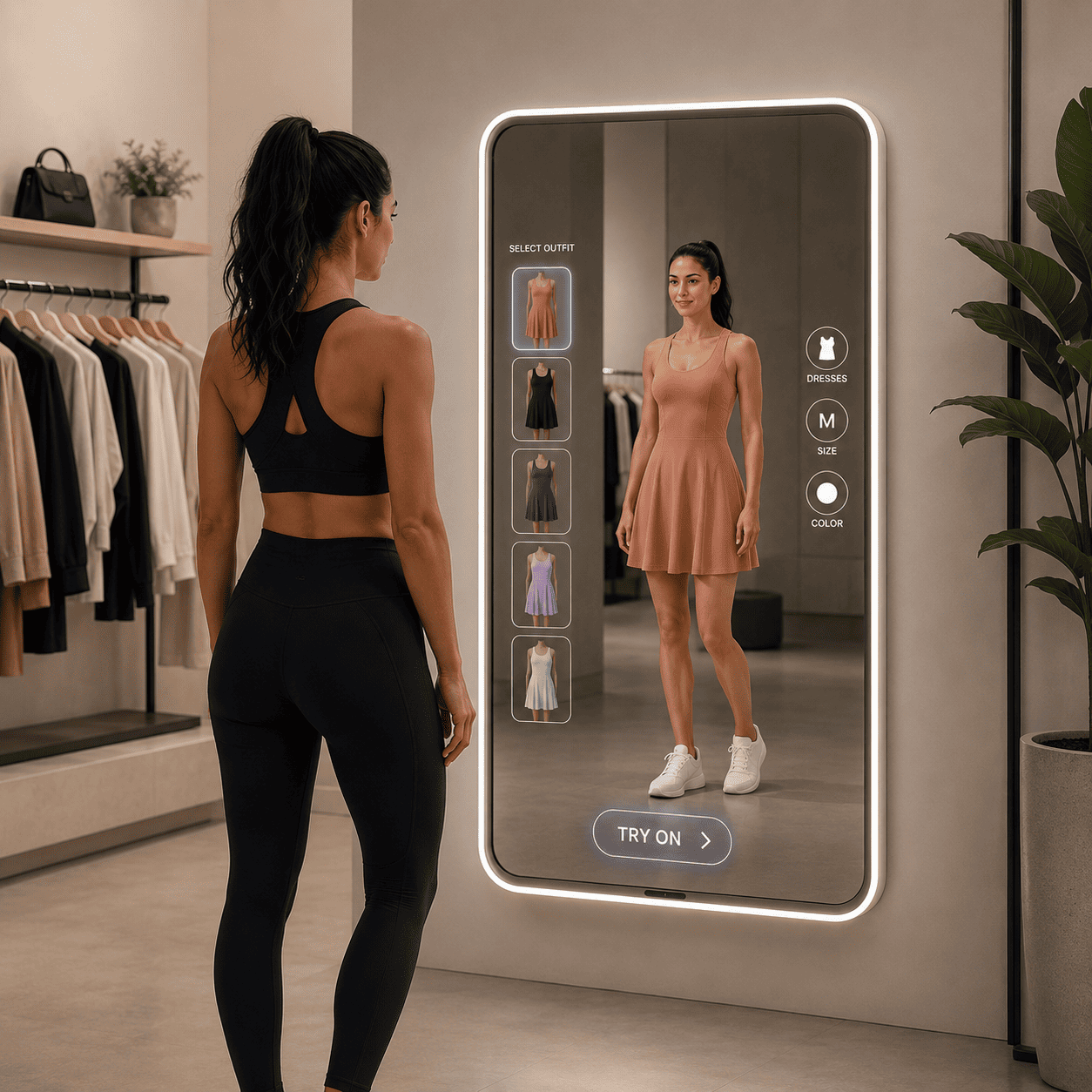 Virtual try-on digital mirror retail device by Wear-What — in-store smart mirror for fashion try-on
